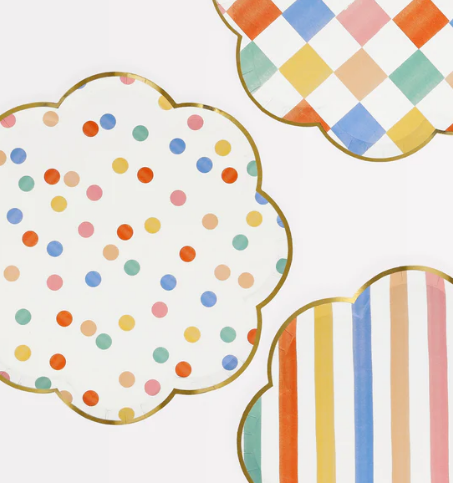 Platos grandes surtidos rayas, rombos y puntos (x 8)