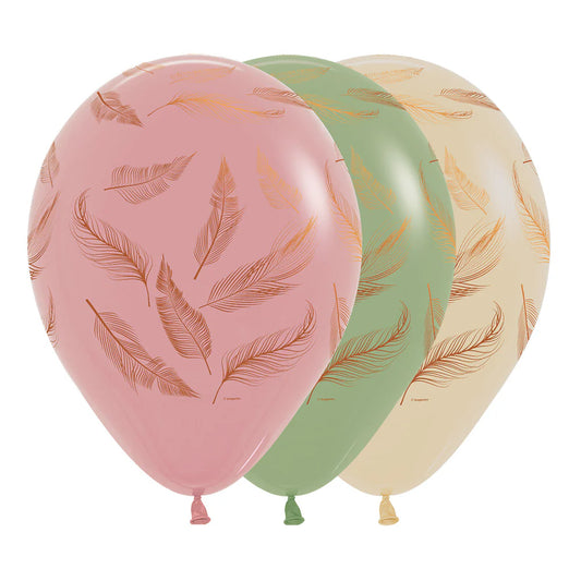 Globo Infinity plumas surtido R12  (x3 rosa, verde, beige)