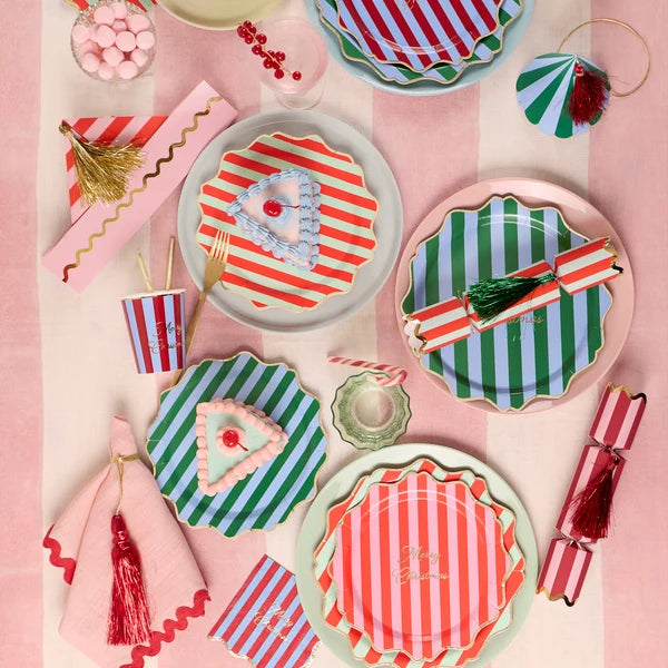 Platos pequeños de rayas Navideños (x8)