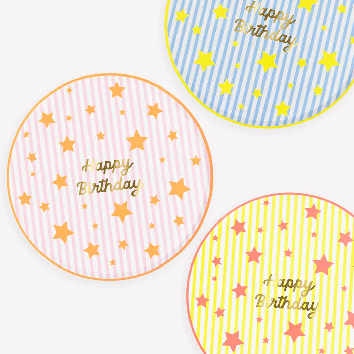 Platos de Cena “Feliz Cumpleaños” Rayas y Estrellas (x8)