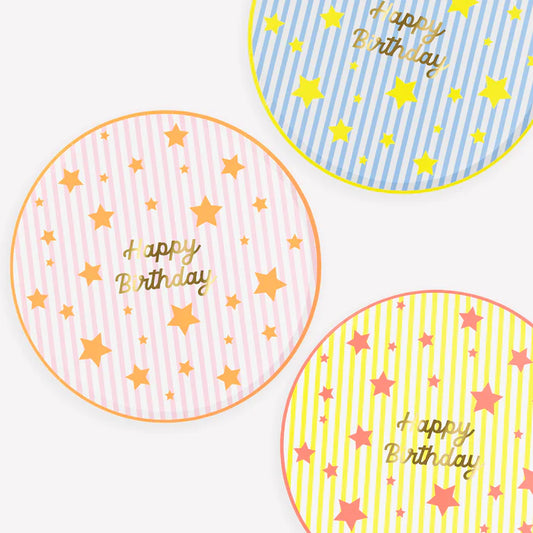 Platos de Cena “Feliz Cumpleaños” Rayas y Estrellas (x8)