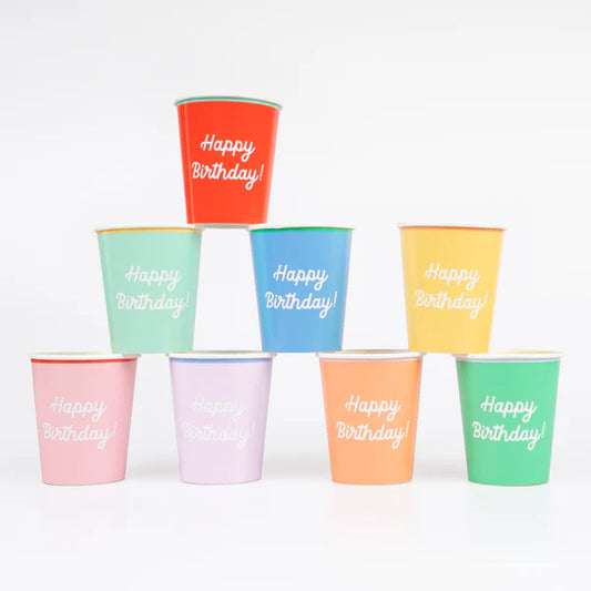 Vasos colores surtidos feliz cumpleaños (x8)