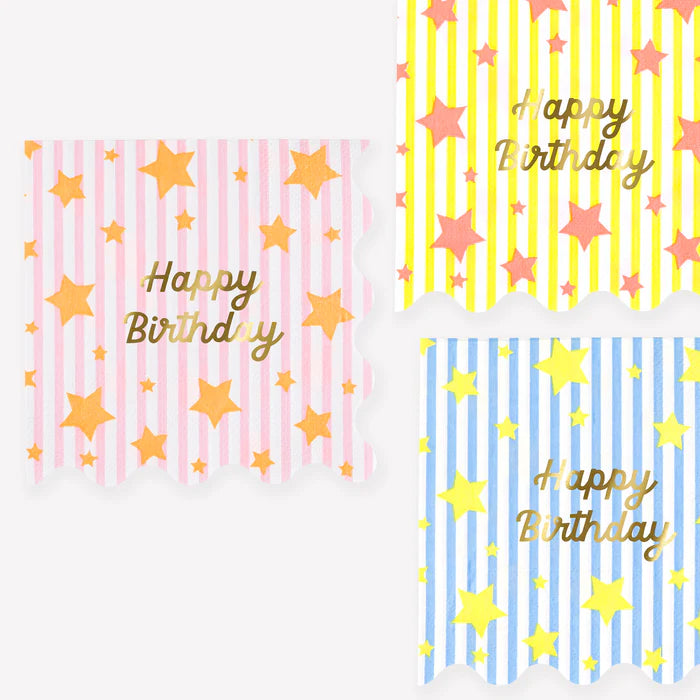 Servilletas grandes ¨Feliz Cumpleaños¨ rayas y estrellas (x16)