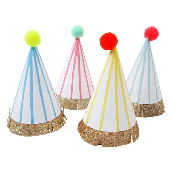 Sombreros de fiesta con pompones (x8)