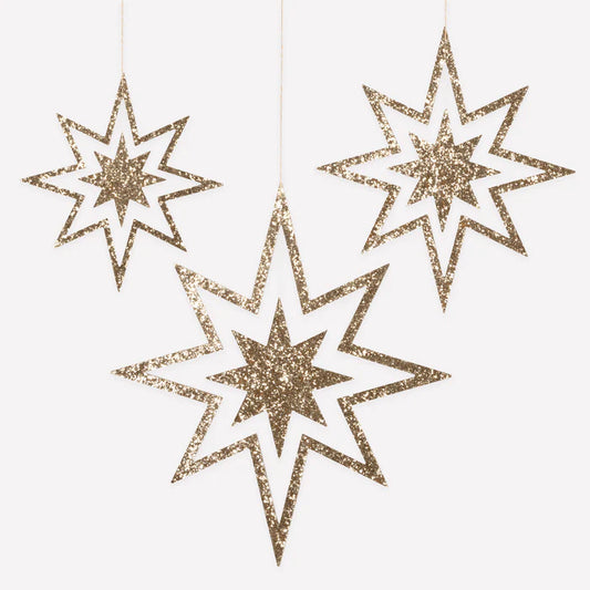 Estrella de madera con brillo (x3)