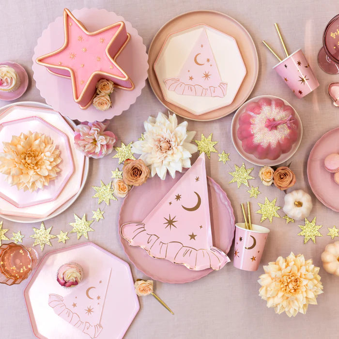 Plato sombrero de buena bruja rosa (x8)